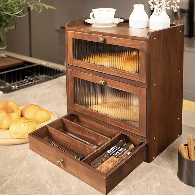Solid Wood Bread Box for Kitchen Countertop with Drawer, 2-Tier Large Wooden Bread Storage Bin with Cutlery Organizer, Farmhouse Bread Keeper for Homemade Bread, Brown (50 Deli Papers)