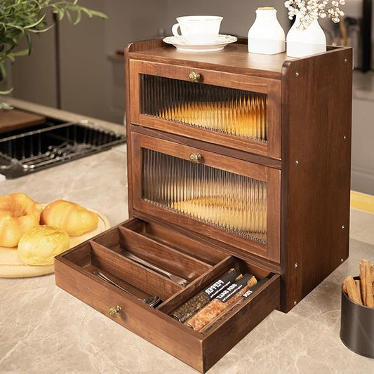 Solid Wood Bread Box for Kitchen Countertop with Drawer, 2-Tier Large Wooden Bread Storage Bin with Cutlery Organizer, Farmhouse Bread Keeper for Homemade Bread, Brown (50 Deli Papers)