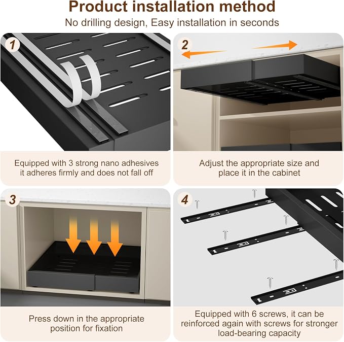 Expandable Pull Out Cabinet Organizer 16.5"Deep, 12.4-20.4" Slide Out Drawers for Kitchen Cabinet,Adjustable Cabinet Drawer for Pot/Pan,Pull Out Shelves Fixed with Adhesive Film or Screws(black)