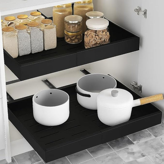 Expandable Pull Out Drawers for Cabinets(Black) : Kitchen and Pantry Organizer, Sliding Cabinet Organizer with Adhesive, Under Sink and Pots Storage, Depth 16.5". expandable pull out cabinet organizer