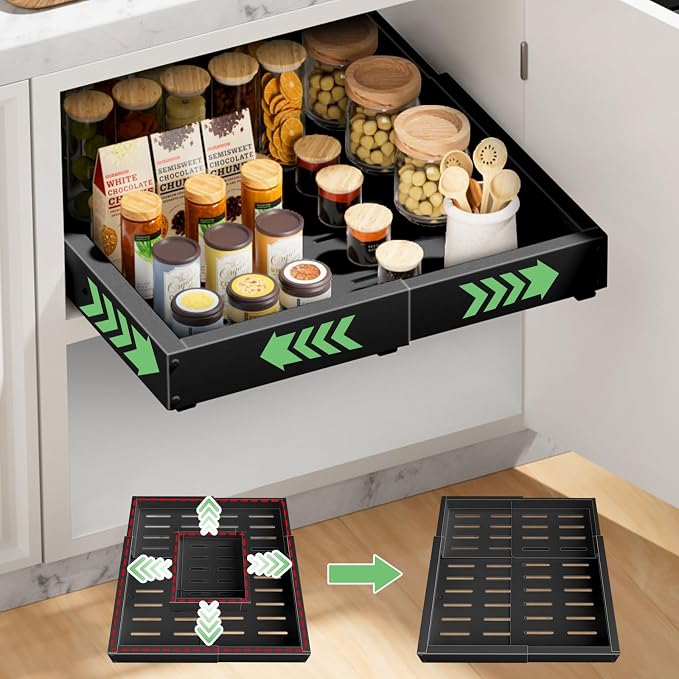 1 Pack Pull out Cabinet Organizer, Width (12"-19") Depth (17"-23"), with 3 Rails Adjustable Slide, Expandable Pullout Drawers for Cabinets, No Drill Adhesive Kitchen Drawers for Pantry Shelves