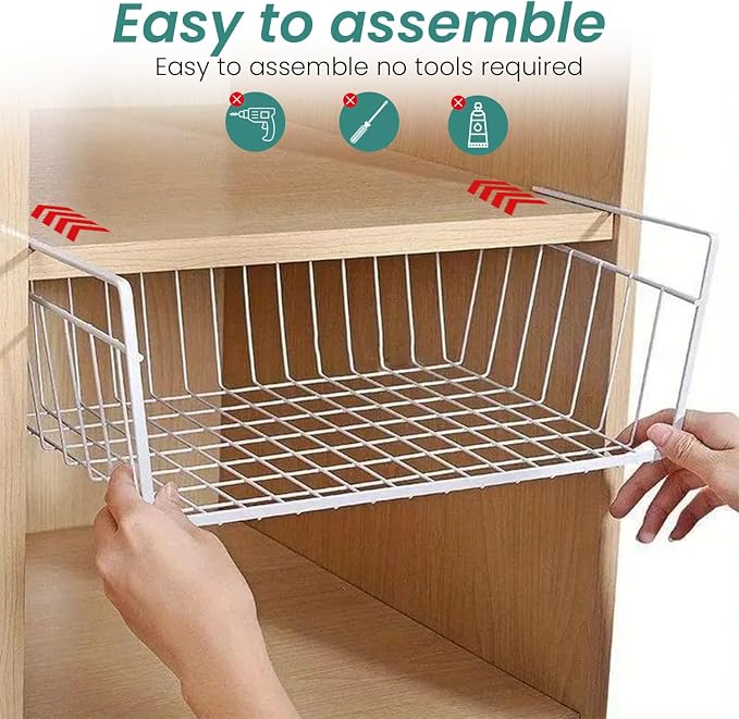 Go Hooked 12 Inch Undershelf Storage Basket Pack of 1 | Multipurpose Under Shelf Organizer | Hanging Wire Basket for Cabinet, Shelf, Pantry, Cupboard, Closet, Desk, and Bathroom (White)