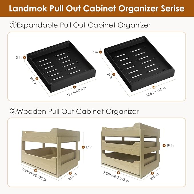 2 Pack Expandable Pull Out Cabinet Organizer 21" Deep, Adjustable Width 12.6"-20.5", No Drill Adhesive with Triple Track Rails, Heavy Duty Slide Out Drawers for Kitchen, Pantry, Cabinets,Black