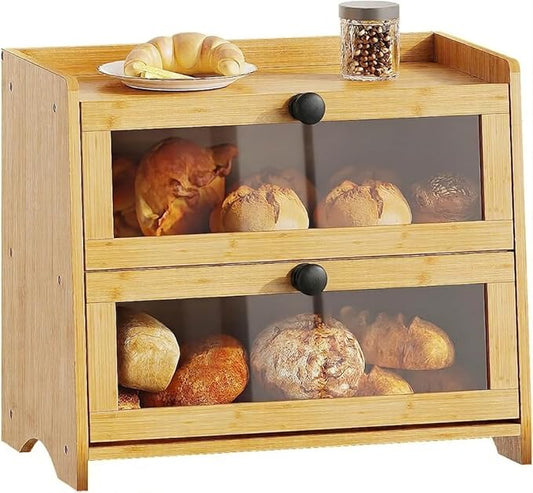 BAMBANG Bread Box for Kitchen Countertop, Extra Large Bamboo Bread Storage Container for Homemade Bread, Double Layer Sourdough Breadox, Bread Bin Organizer for Counter Cabinet Pantry, Natural