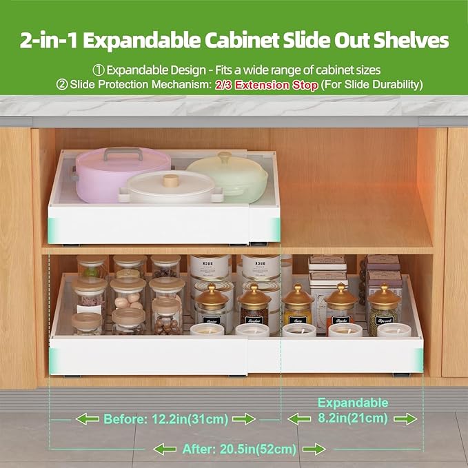 ANTOWIN 1Pack Expandable Pull Out Cabinet Organizer 16.5"Deep (12.2"-20.5" Width), Slide Out Drawers for Kitchen Cabinets, Roll Out Shelves Adhesive with 3-Layer Steel, for Cabinets Without Lip, White