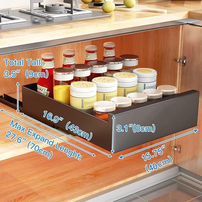 Pull Out Cabinet Telescopic Sliding Drawer Extendable Pullout Storage for Cupboard Drill Free Installation 25cm W x 43cm D x 9cm H Black Kitchen Solution，White 40cm