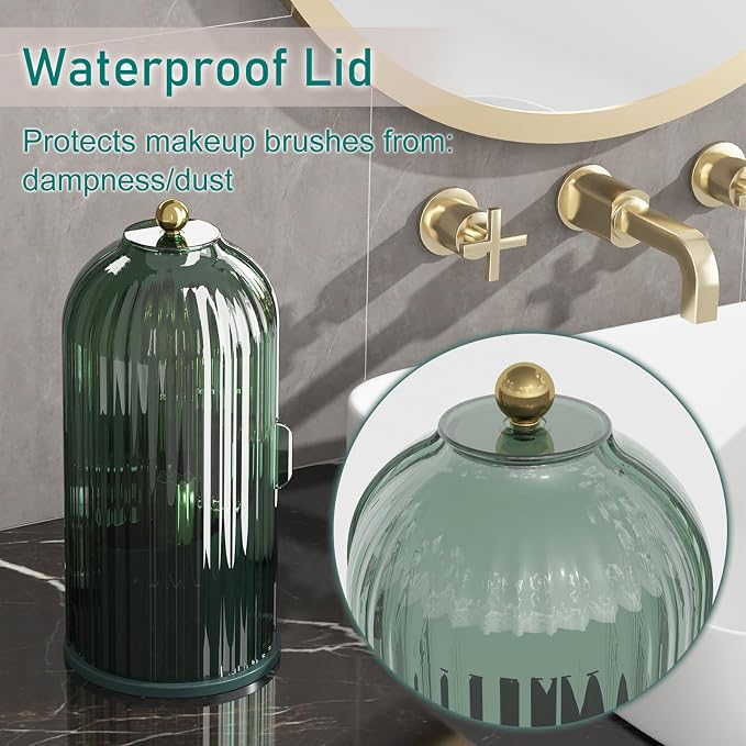 GAXmi Makeup Brush Holder with Lid Rotating Cosmetic Organizer, All Green | 360 Rotation, Waterproof, Dustproof, Moistureproof