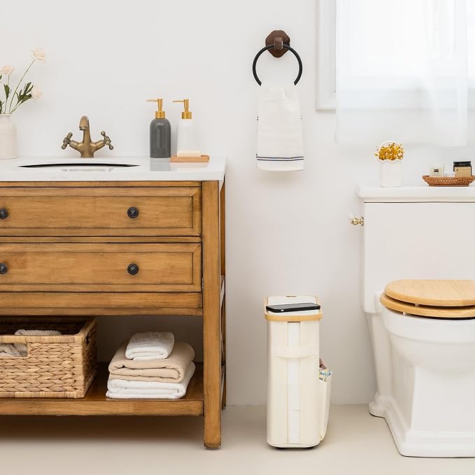 StorageWorks Toilet Paper Storage Basket with Lid, Slim Bathroom Organizer for Narrow Spaces, Toilet Paper Holder with Side Pocket and Clear Window, Holds 9 Mega or 12 Regular Rolls, Medium, Beige