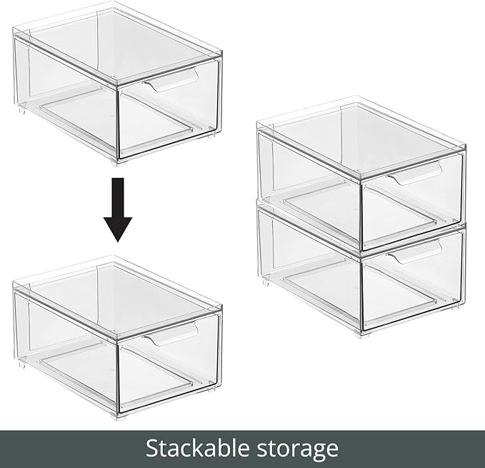 mDesign Plastic Bathroom Organizer Bin w/Pull Out Drawer - Slim Stackable Storage Container for Bathroom Accessories - Perfect for Organizing Bathroom Cabinet - Lumiere Collection - 8 Pack - Clear