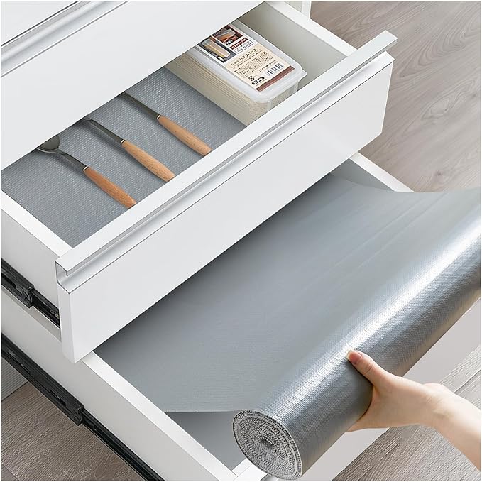 Drawer and Shelf Liner, Non-Slip Kitchen Cabinet Liners Non-Adhesive Thick Strong Grip Waterproof Washable Mats Protect Dresser Shelves Cupboard Bathroom Cabinets, Pure Gray, 24 in X 30 FT