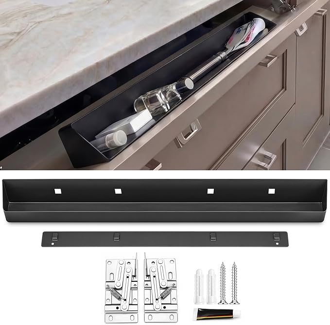 Zonon 1 Set 25 Inch Tip Out Tray for Front Sink Drawer with Hinges and Mounting Plate Includes Screws and No-Drill Adhesive, Metal Pull Out Storage Organizer for Kitchen Bathroom Cabinet