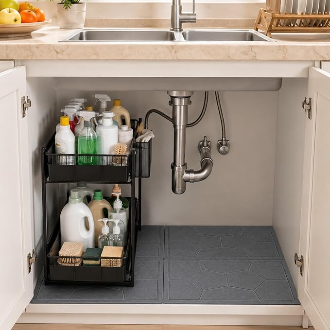 Stone Under Sink Mat,Quick Drying Diatomite Stone Kitchen Cabinet Protector Suitable for 34" x 22", Spliceable Design Super Absorbent Non-Slip Shelf Liner Pad for Bathroom Organizer and Storage
