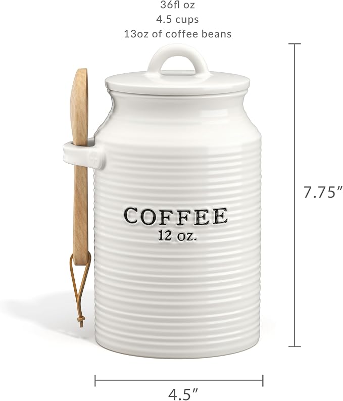 Barnyard Designs Coffee Canister for Kitchen Counter, Decorative Ceramic Coffee Container, Rustic Farmhouse Canister Jar, White (Coffee)