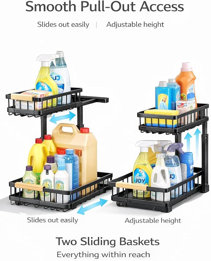 Lumela Under Sink Organizer, 2-Tier Slide-Out Cabinet Organizer Shelf, Height Adjustable Metal Pull-Out Storage Rack with Wood Handle for Kitchen & Bathroom Cabinets (Black)
