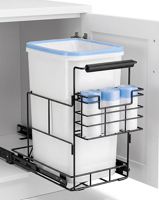 Bulado Pull Out Trash Can Under Cabinet, Under Sink Trash Can Kit with Side Bag Holder, Cabinet Pull Out Organizer for 7.5-10 Gallon Bin, Easy Installation, Bin Not Included