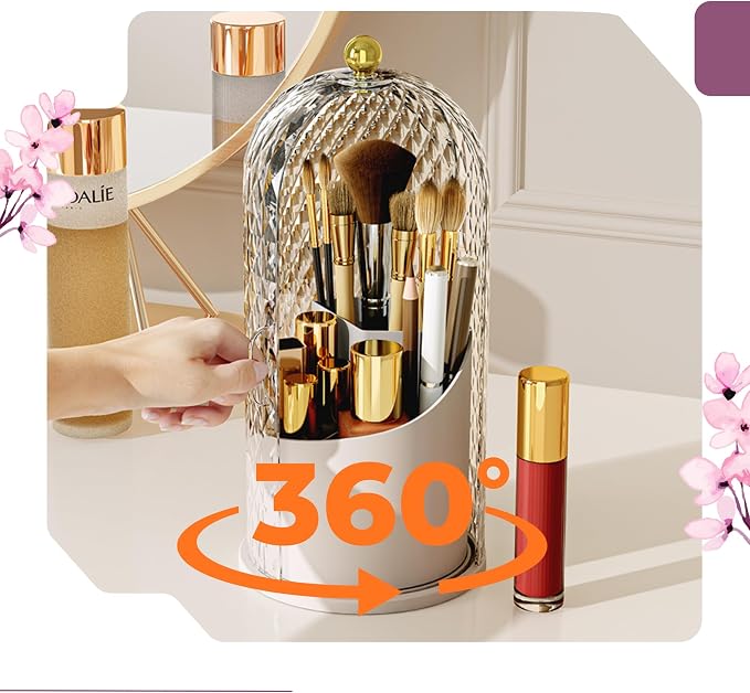LEFEEL Lumière Mini 360 Rotating Makeup Organizer with Lid, Diamond Cut Cosmetic Organizer - Dustproof Vanity Organizer for Makeup Brushes, Toothbrush & Bathroom Countertop （Black