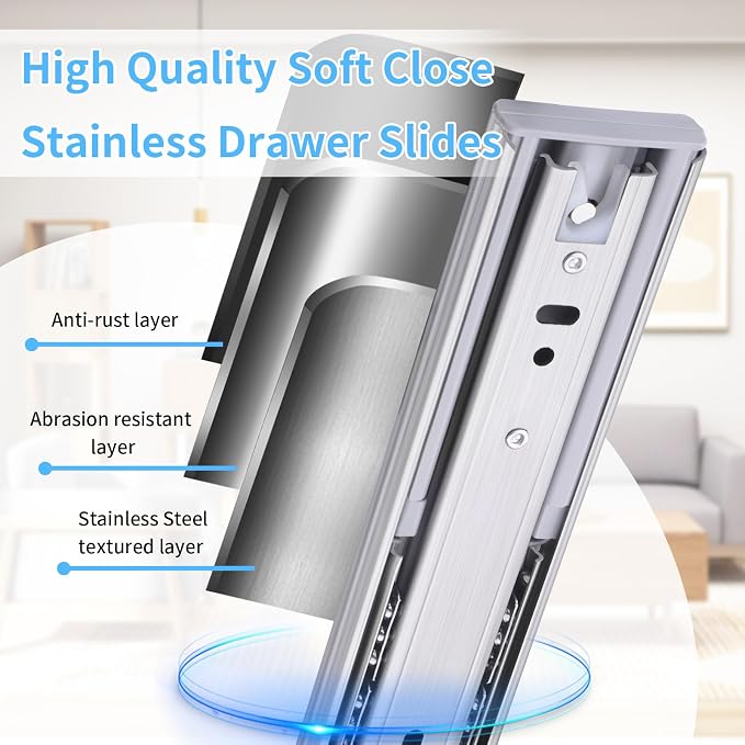 Soft Close Stainless Steel Drawer Slides 5 Pairs Full Extension 10 12 14 16 18 20 22 24 inch Side Mount Dresser Cabinet Replacement Ball Bearing Rails Runner 100LB (Stainless soft close 18Inch)