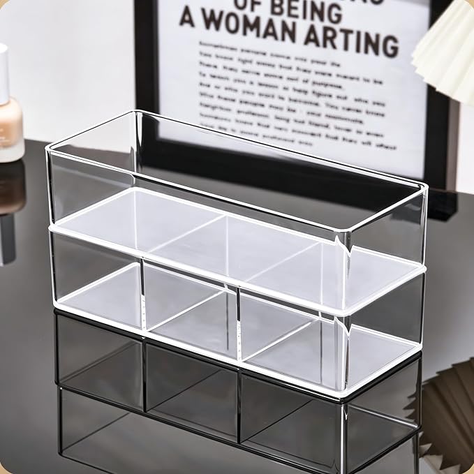 3-Compartment Clear Acrylic Organizer, Makeup Sponge & Puff Holder for Vanity Countertop, Bathroom, Cosmetic Station & Dressing Table