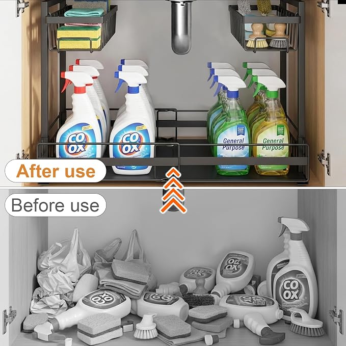 Under Sink Organizer, 1 Pack 2-Tier Expandable Pull Out Storage with Ball-Bearing Slides, Height Adjustable for Kitchen Bathroom Cabinet, Black