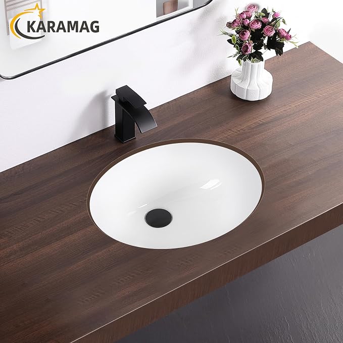 18.4 Inch Undermount Bathroom Sink Oval Undermount Sink White Ceramic Under Counter Bathroom Sinks with Overflow (18.4"x15")