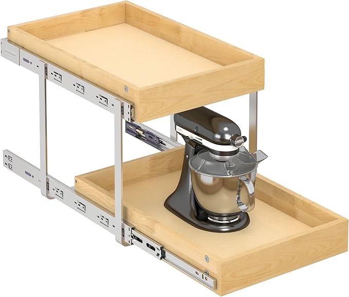 WelFurGeer 2-Tier Pull Out Cabinet Organizer with Soft Close Slides, Heavy-Duty Pull Out Drawers for Cabinets, Slide Out Shelf for Kitchen, Bathroom, Pantry & Under Sink, Solid Birch Wood