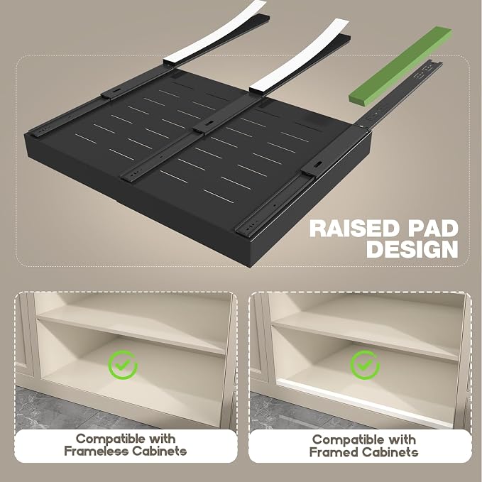 Seinloes 4 Pack Pull Out Cabinet Organizer 21" Deep,Full Extension 3 Slide Rails Slide Out Drawers With Raising Pad for Framed Cabinets,Expandable Width (15.4"-26.2"),No Drill Roll Out Shelves,Black