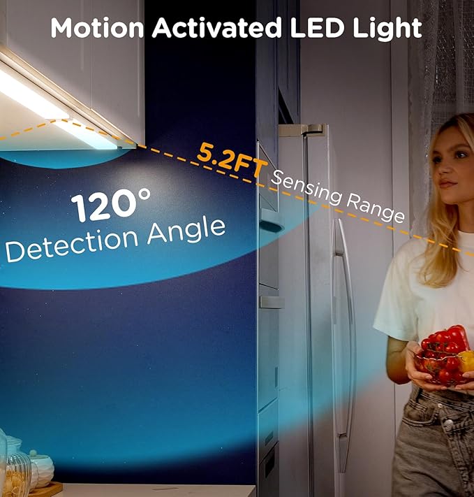 Under Cabinet Lighting Plug in 16in AC120V with Motion Sensor 3000K/4000K/5000K, Super Bright, Linkable Under Counter Light for Kitchen, Shelf, Sink, Closet, Aluminum White 2Pack