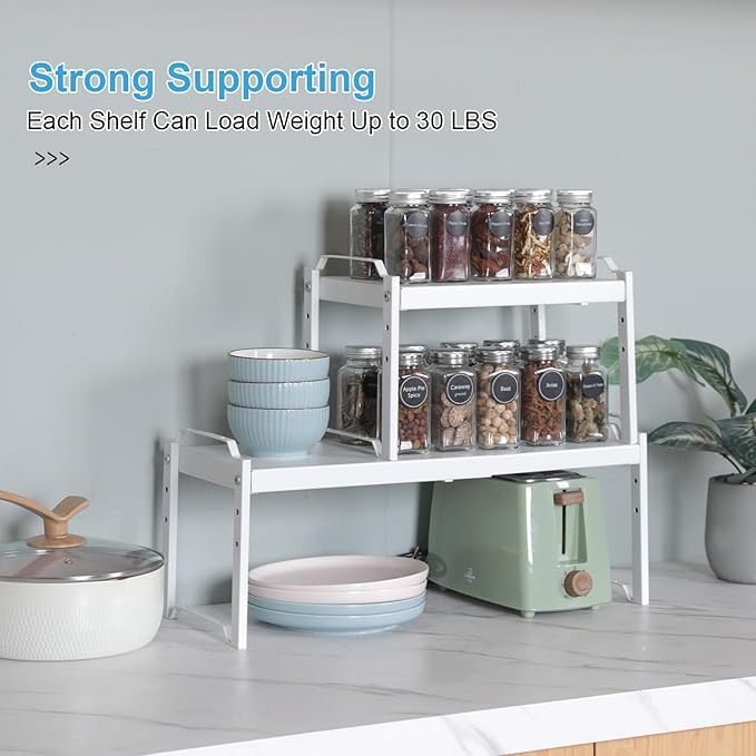 2 Pack Stackable Expandable Shelves For Kitchen Cabinet Countertop Storage, Adjustable Counter Cupboard Pantry Organizer Shelf Rack Stand, Length:25.5 Inch
