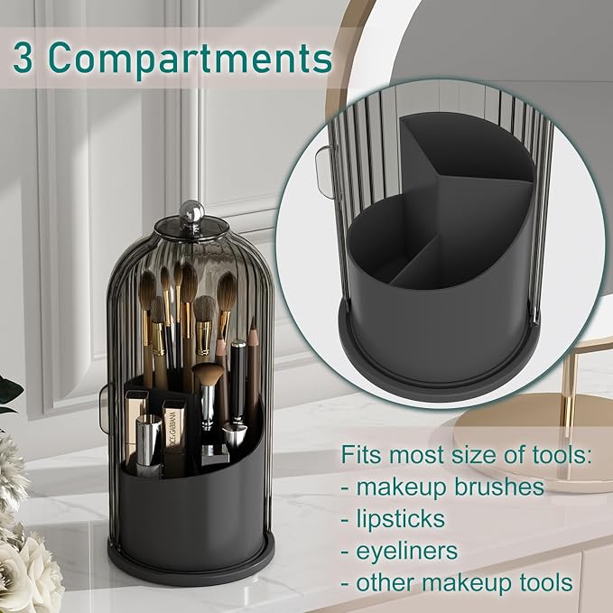 GAXmi Makeup Brush Holder with Lid Rotating Cosmetic Organizer, Black-Grey | 360 Rotation, Waterproof, Dustproof, Moistureproof