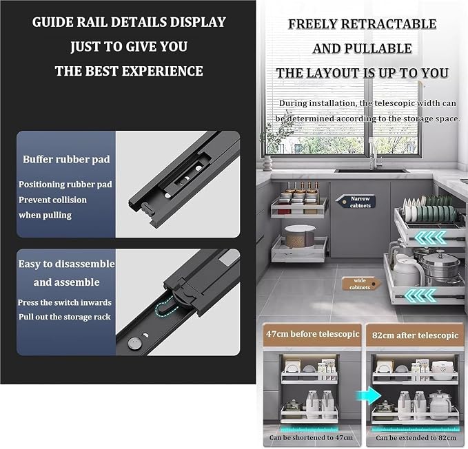 Pull out Cabinet Organizer,Under Sink Organizer, Roll out Storage Shelf Storage for Pantry,Extendable Drawer For Kitchen Storage,No Need Drill and Nailing,for Kitchen, Living Room, Home.(Black,TWO-32*