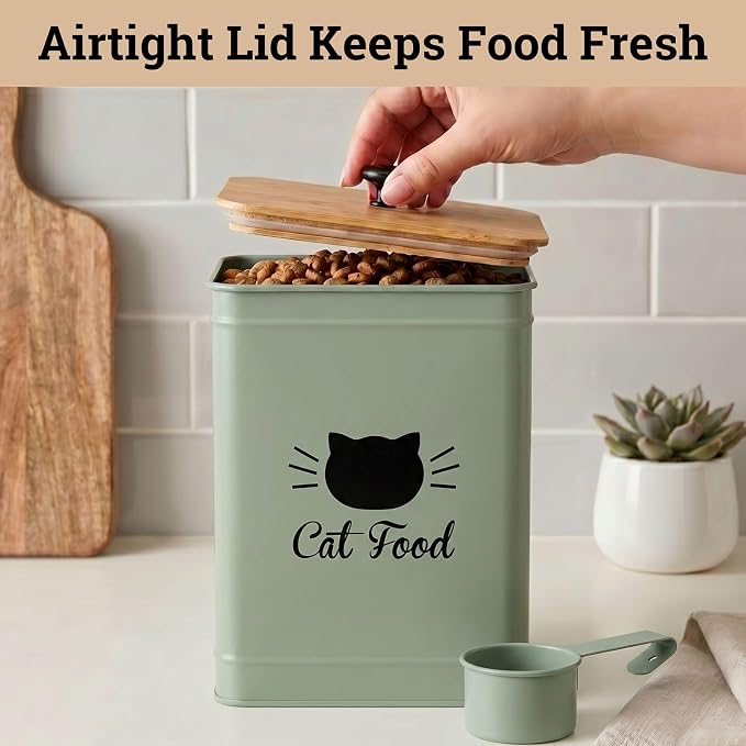 Cat Food Storage Container with Scoop - 5-7lb (25 Cup) Capacity Metal Cat Kibble Canister with Airtight Bamboo Lid and Metal Scoop - Airtight Pet Food Storage Containers 5 lb - 7 lb Kibble Container