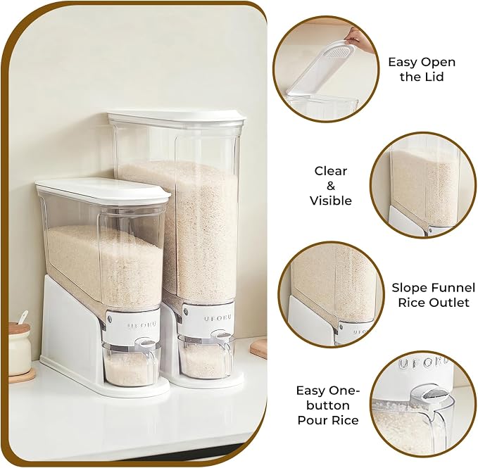 UFORU Rice Dispenser 22Lbs, Slim Rice Storage Container for Small Space, BPA-Free Clear Dry Food Dispenser Sealed Moisture Proof, Grain&Cereal Storage Bucket for Kitchen Pantry Household, White