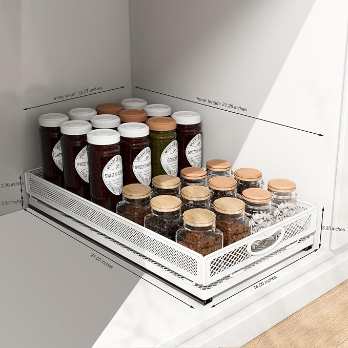 Pull out Cabinet Rack Organizers, No-Drill Slide Organizer Under Sink Organizer, Strong & Sturdy Expandable Cabinet Drawers, For Kitchen, Bathroom, Pantry(J,21.7*13.8*3.3inch/55*35*8.5cm)