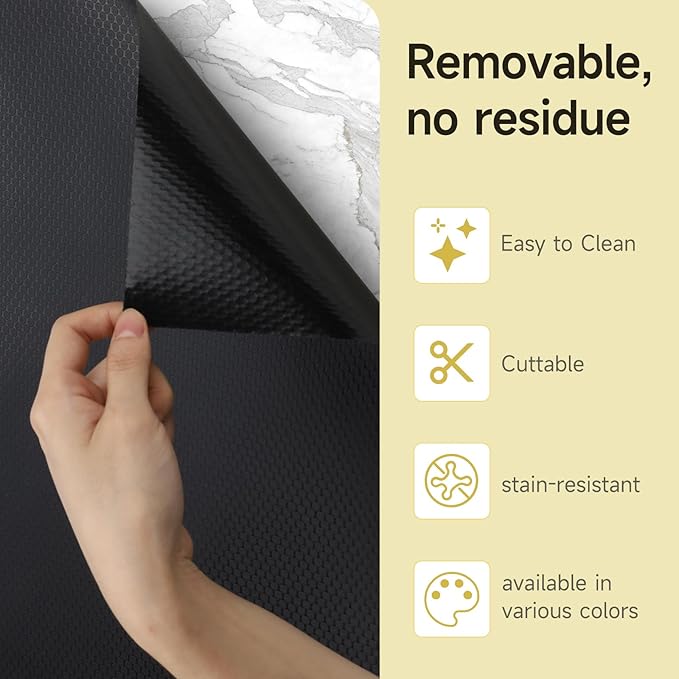 WochiTV Adhesive Shelf Liner 11.8 X 240 Inches Peel and Stick Kitchen Liner for Cabinets, Drawers Removable Protector Mat Waterproof Contact Covering for Dresser Pantry Countertops Shelves, Black