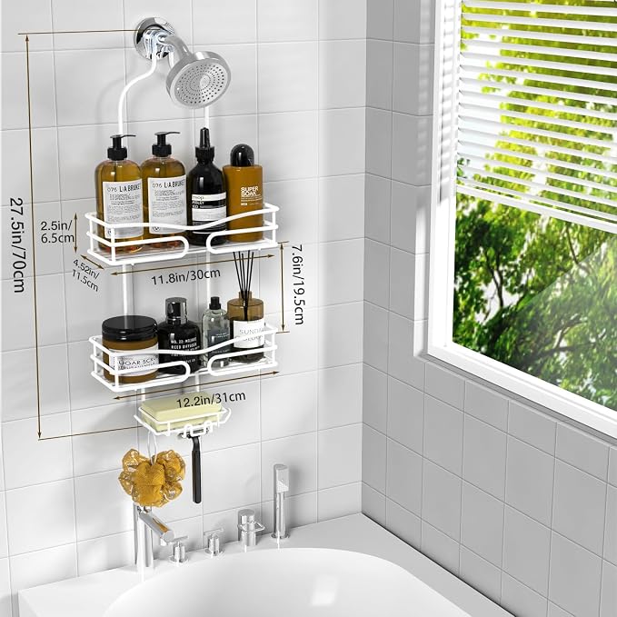 DAOYA Over Head Shower Caddy - Bathroom Shower Organizer with Soap Holder & 6 Hooks for Towels, White, 76L Capacity, Hanging Mount, Rust Resistant