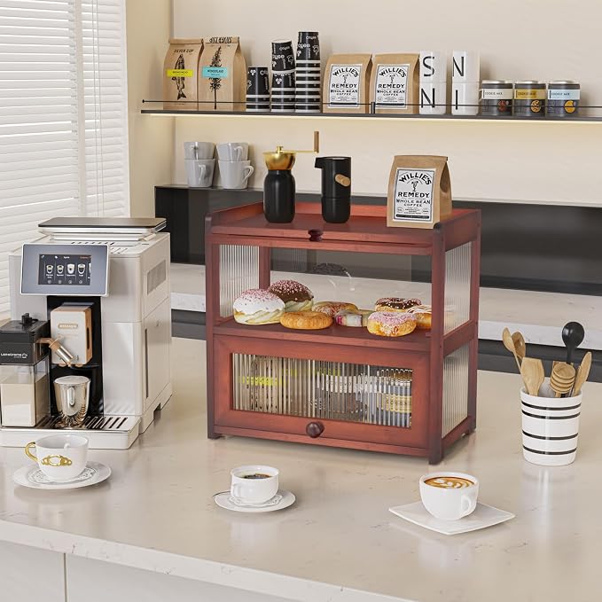 BAMBANG Extra Large Bamboo Bread Box for Kitchen Counter, Double Layer Bread Storage Container Farmhouse Bread Box with 4 Sides Transparency, Breadbox Bin Holder for Homemade Bread, Brown