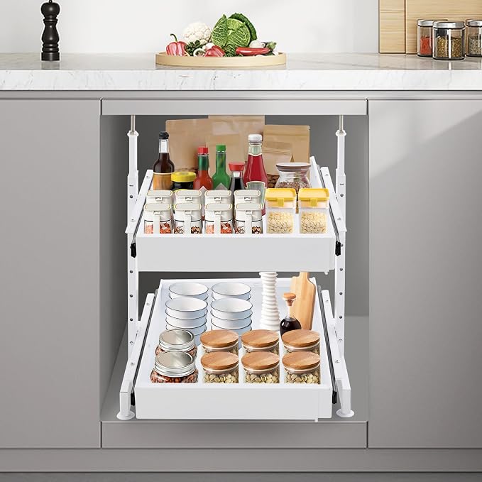 2-Tier Pull Out Cabinet Organizer, Slide Out Drawers with 2 Guide Rails, No Drill Pull Out Drawers Cabinets Shelves for Home Kitchen Pantry (White)