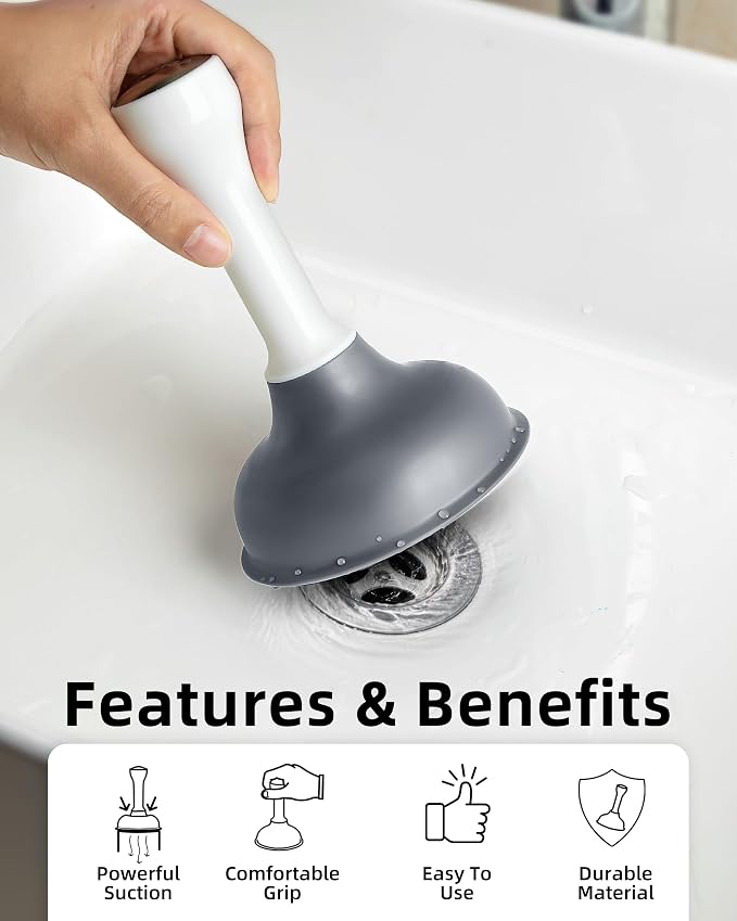 MR.SIGA Mini Drain Plunger, Sink Drain Plunger with Strong Suction, Compact Design, Powerful Small Plunger for Bathroom Sinks, Kitchen Sinks, Tubs, Shower Drains, Length 6.3 Inch(16 cm), White & Gray