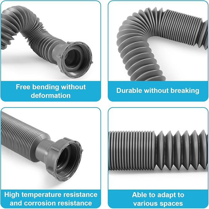 1-1/2" Flexible Sink Drain Pipe, Expandable Drain Hose, Adjustable Under Sink Drain Extension Tube 10" to 24.4", Thickened PP Sink Drain Replacement Hose for Kitchen Bathroom RV Sink, 1 Pack