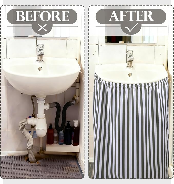 Hahafelt Self-Adhesive Sink Skirt, 55"x32" Waterproof Fabric Under Sink Cover with Diamond Stitch, Hide Pipes & Storage for Bathroom, Kitchen, Laundry Room, Rental Home Decor(Stripe)