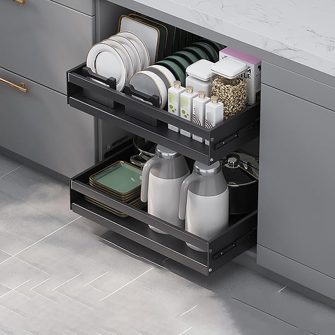 Pull Out Kitchen Storage,Roll out Storage Shelf Storage for Pantry,Extendable Drawer For Kitchen Storage,No Need Drill and Nailing,for Kitchen, Living Room, Home. ( Color : Black , Size : TWO_32*42*7C