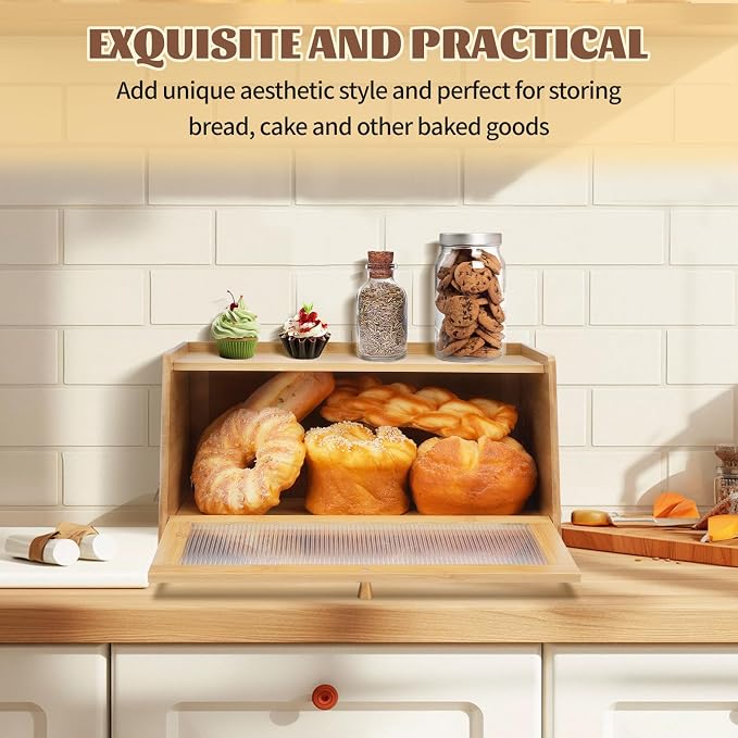 Bamboo Breadbox for Kitchen Countertop, Farmhouse Large Capacity Bread Container Storage Bin with Striped Window Door Panel, Vintage Bread Holder for Bagels, Muffins, Cupcakes & Cookies (Natural)