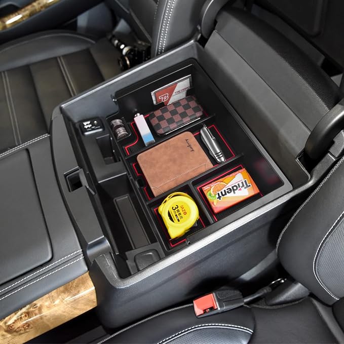 Full coverage Center Console Organizer Compatible with 2014-2018 GMC Sierra 1500 /Chevy Silverado 1500 Accessories 2015-2020 Yukon XL/Tahoe Suburban Insert Armrest Storage ABS Plastic, Red