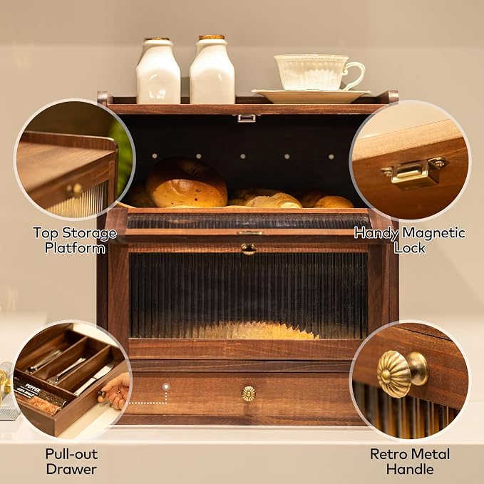 Solid Wood Bread Box for Kitchen Countertop with Drawer, 2-Tier Large Wooden Bread Storage Bin with Cutlery Organizer, Farmhouse Bread Keeper for Homemade Bread, Brown (50 Deli Papers)