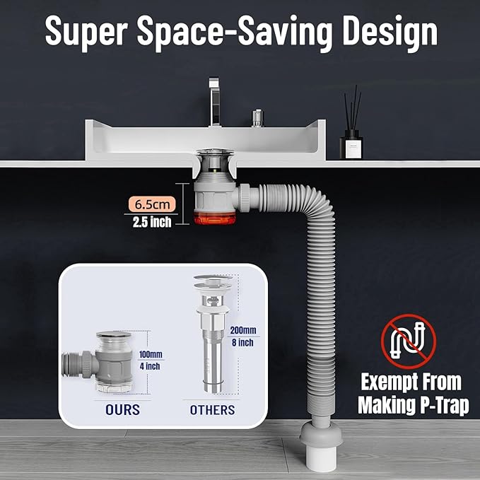 Bathroom Sink Drain Kit with Flexible Expandable Pipe: Odor-Free & Backflow-Preventing, Space-Saving Design without a P-trap, For 1-1/4'' & 1-1/2'' Drain Hole (Gold, Without Overflow)