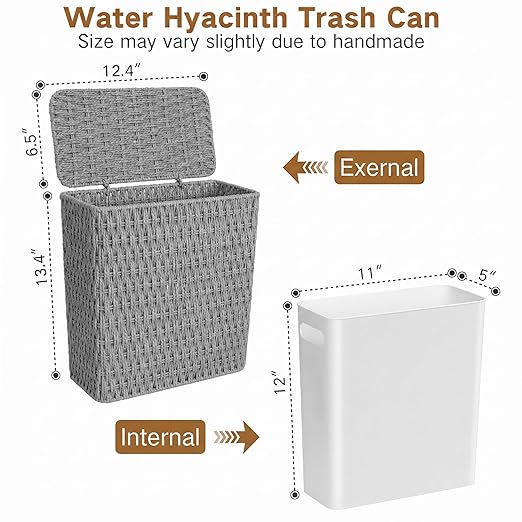 iEGrow Paper Rope Trash Can,Bathroom Trash Can with Lid, 3 Gallon Wicker Waste Basket with Removable Liner, for Bedroom, Living Room, Toilet, Under Sink Gray