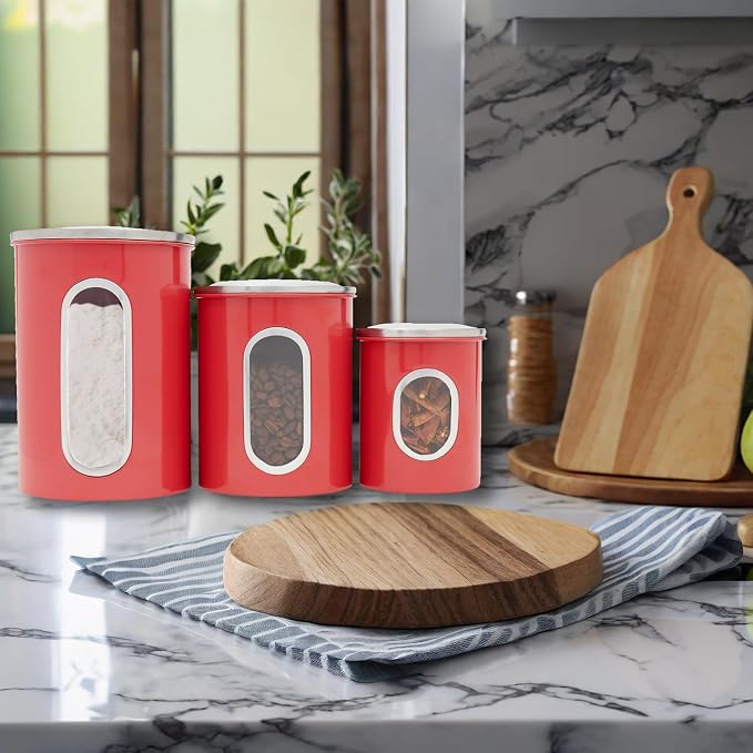 3 Piece Canister Set for the Kitchen by Home Basics | Kitchen Jars with Transparent Window | 3 Different Sizes | Kitchen Storage Containers with Silicone Gasket
