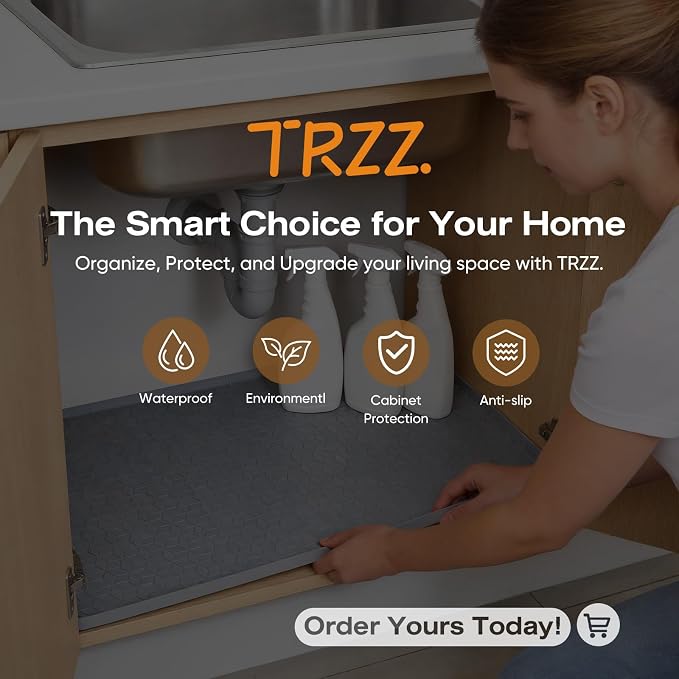 TRZZ Silicone Waterproof Under Sink Mat 22" x 19", Drip Tray and Cabinet Liner for Kitchen and Bathroom, Prevents Water Damage and Organizes Cabinets (Brown)