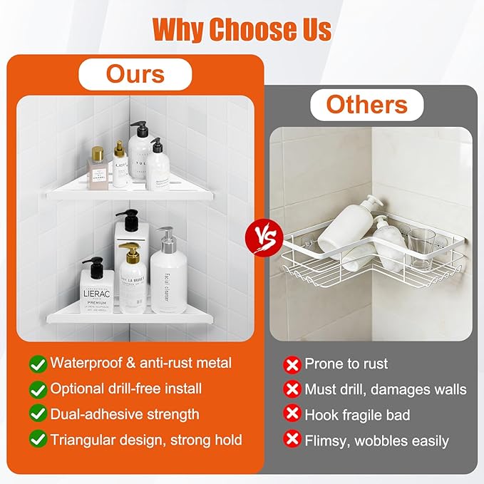 Fikoksol Shower Caddy, 4 Pack Bathroom Corner Shelf, Triangle Shelf Storage for Bathroom Shower, White Metal Shower Shelf & Rustproof Wall Mounted Adhesive Glue Organizer Accessories and Essentials