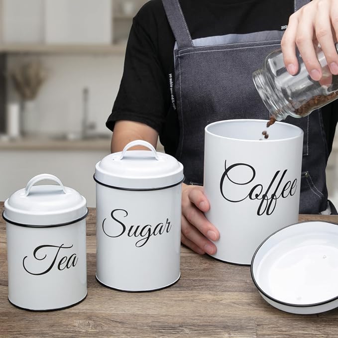 Kitchen Canisters Set of 3, Food Storage Containers for Kitchen Countertop, Large Airtight Coffee Sugar Tea Containers with Lids, White Farmhouse Kitchen Decor